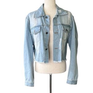 Love Tree Women's Juniors Cropped Denim Ripped Jean Jacket